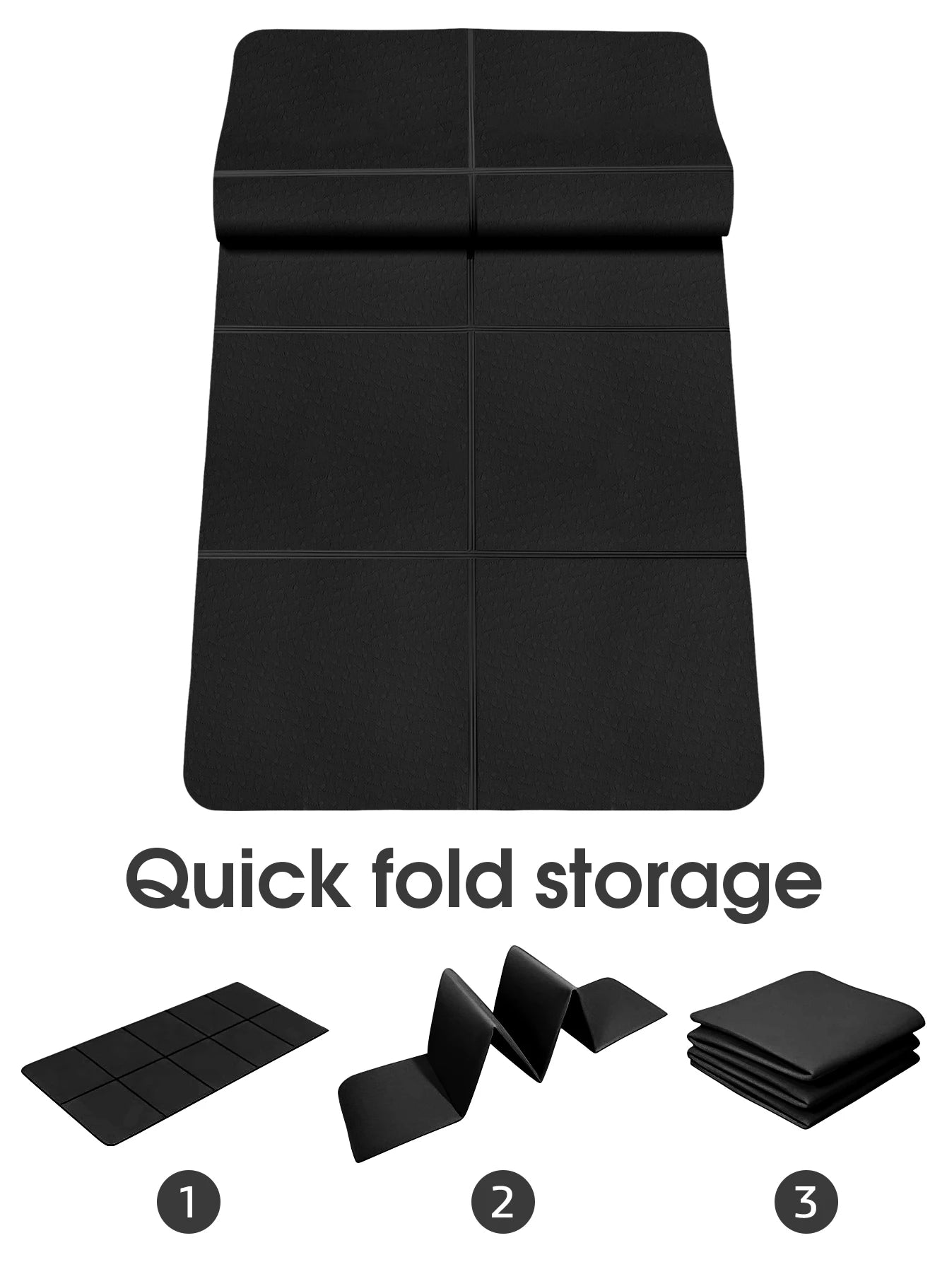 Black foldable yoga mat with fold grid, shown stacked and folded for storage.