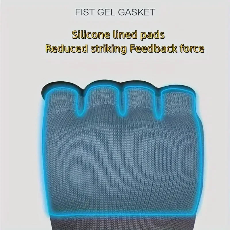 Blue fist gel gasket with silicone-lined pads for half finger boxing glove knuckles.