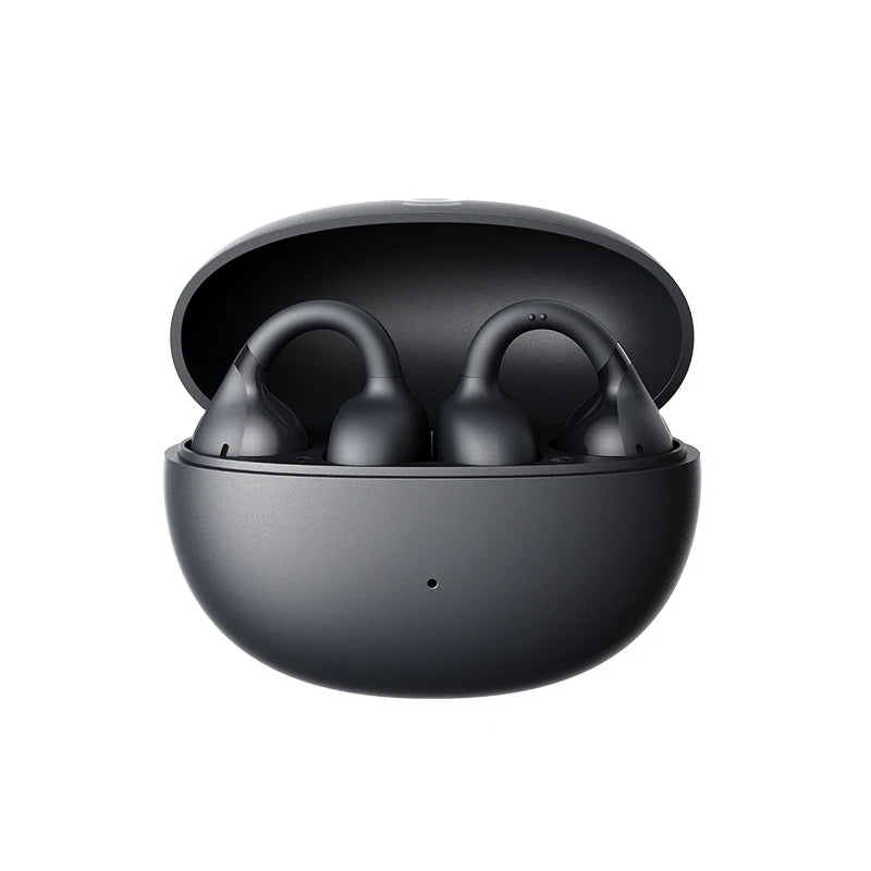 Wireless earbuds in black charging case with open lid, earbuds visible inside