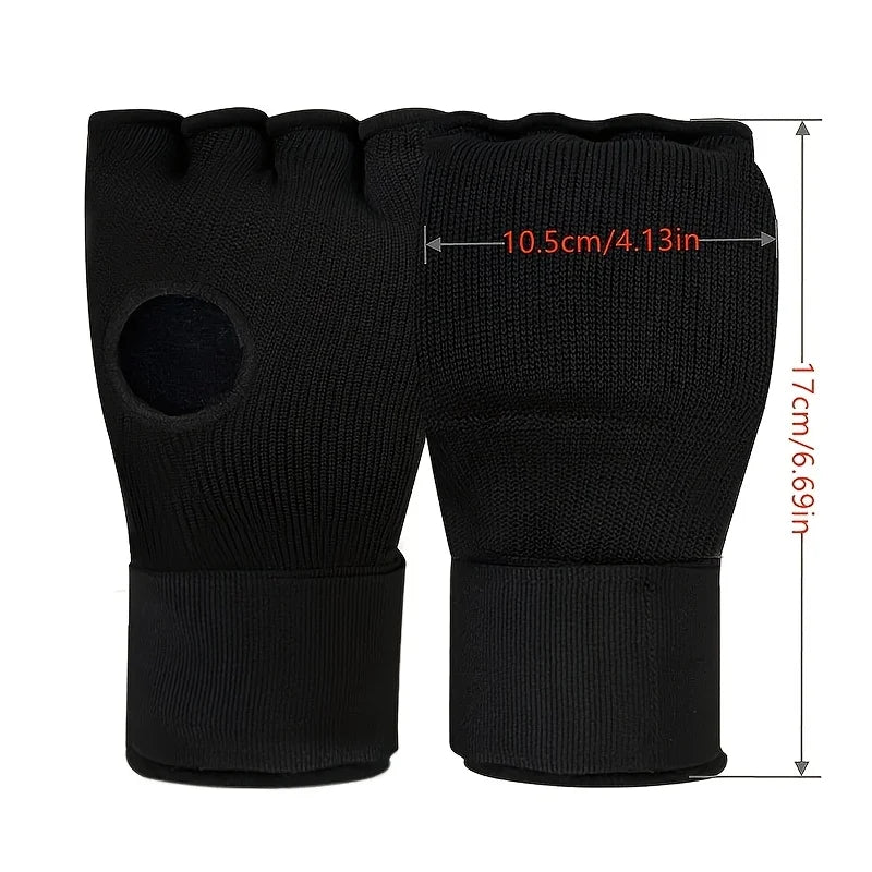 Black half-finger boxing gloves, measured view of glove length and wrist width