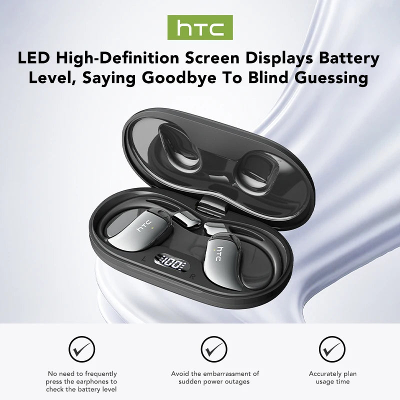 Black wireless earbuds with open charging case, earbuds shown with battery indicator