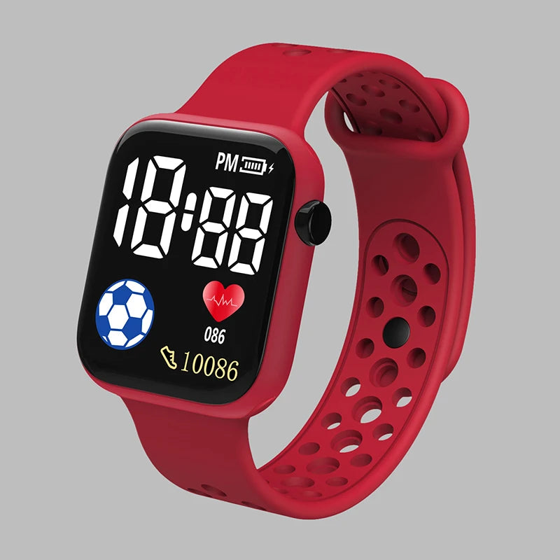 Kids LED digital watch with silicone strap, red case and band, black display screen
