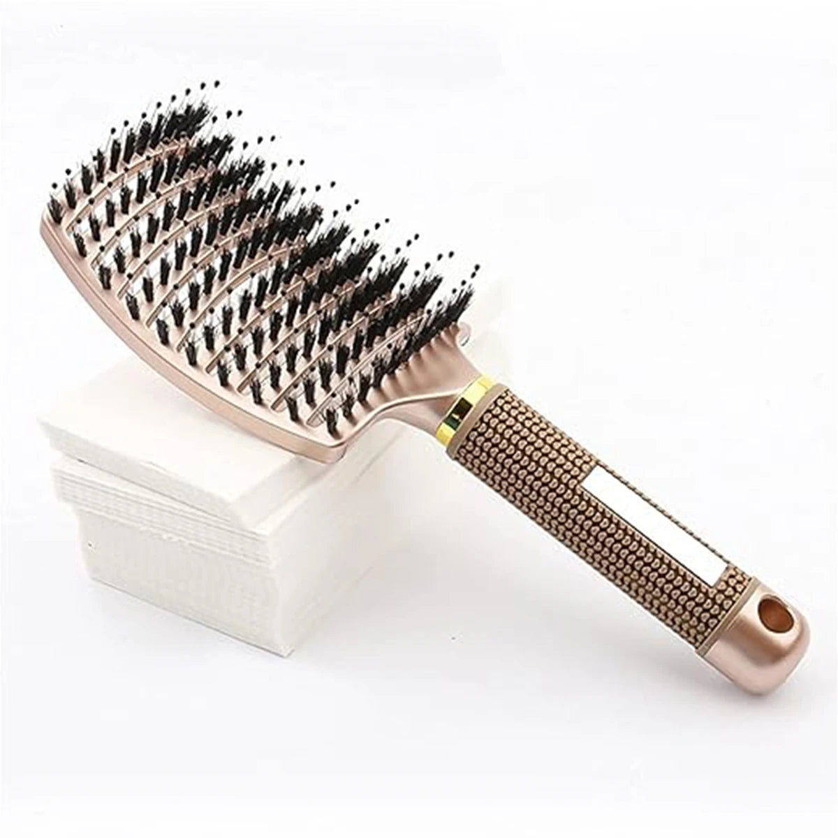 Light beige/wood hairbrush with boar bristle and nylon pins, gold-toned grip