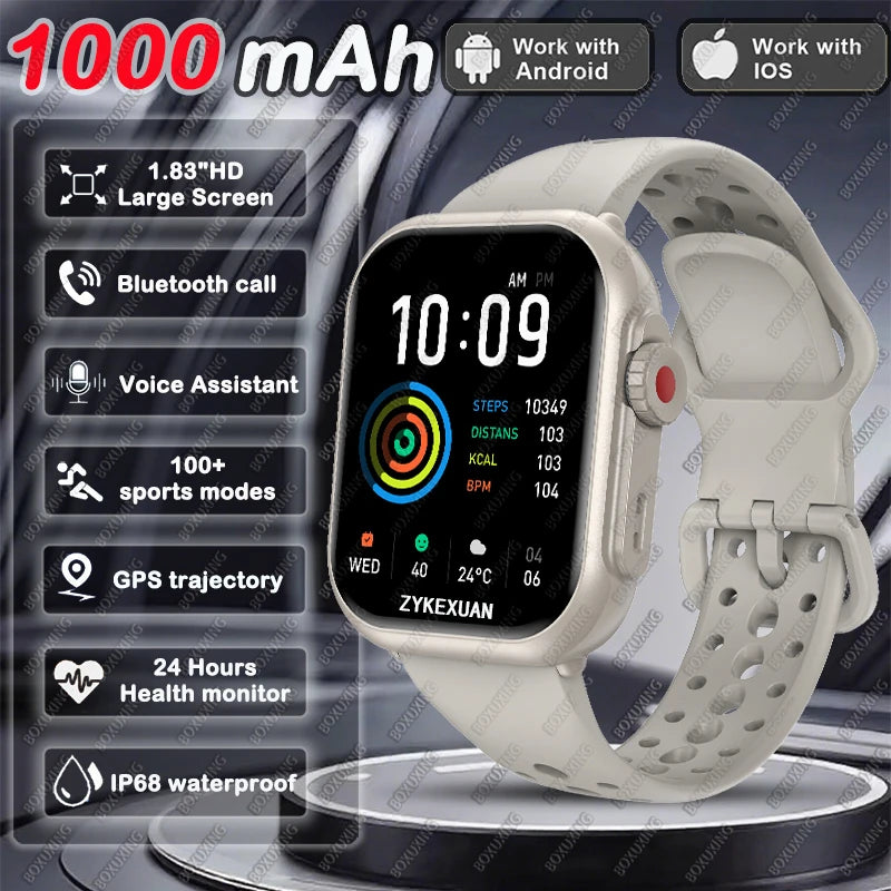 Cedar & Moore smart watch with white band and 1.96-inch AMOLED display