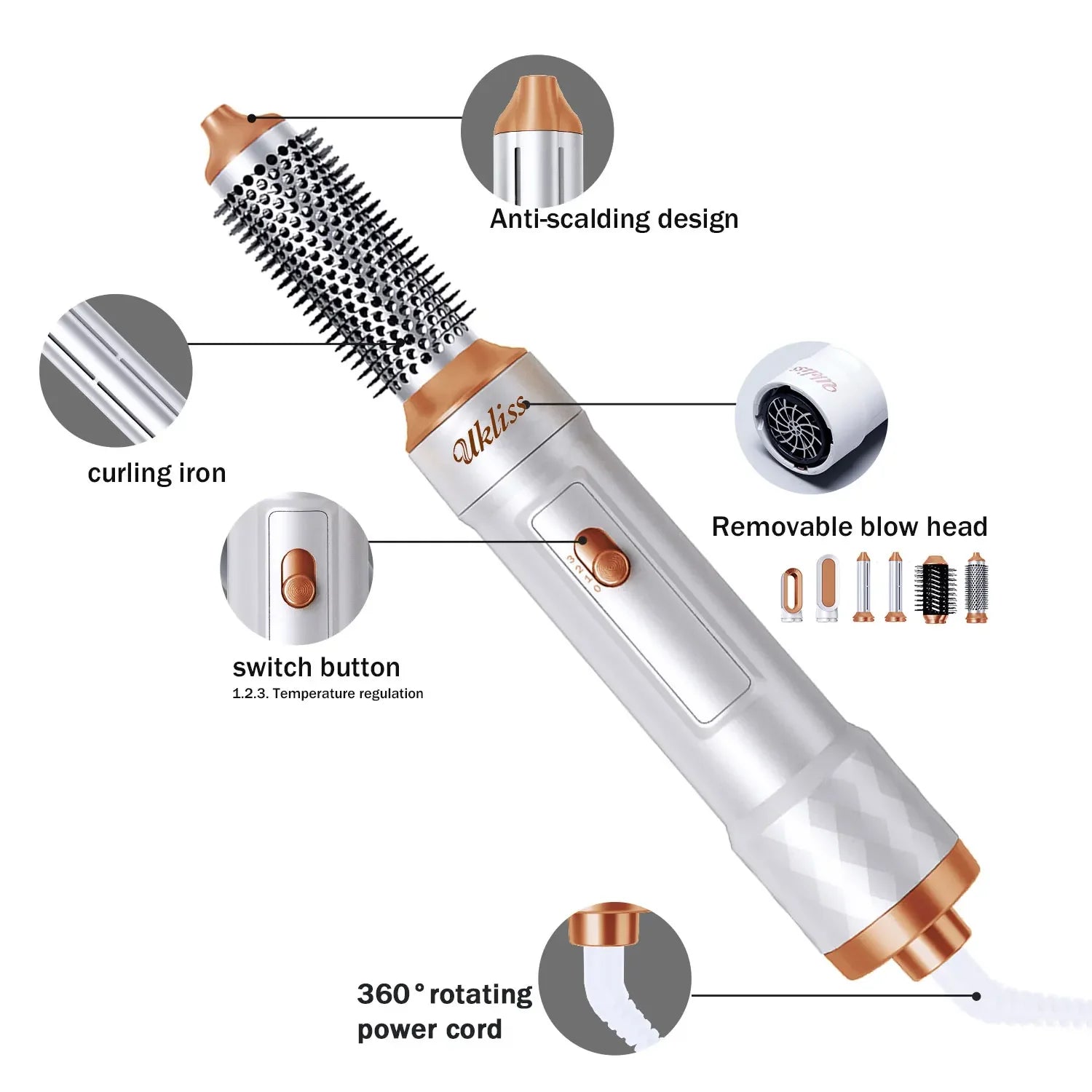 6-in-1 Hair Dryer Brush - Electric Blow Dryer Kit with Negative Ionic Styling & Curling Wand