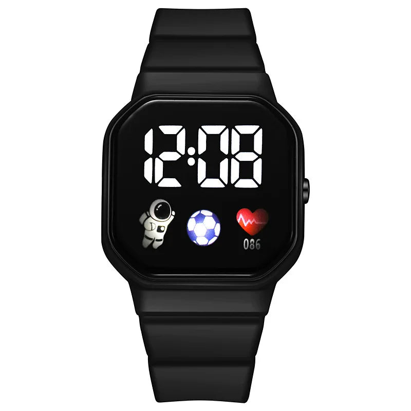 Kids LED digital watch with black silicone strap and black square digital display