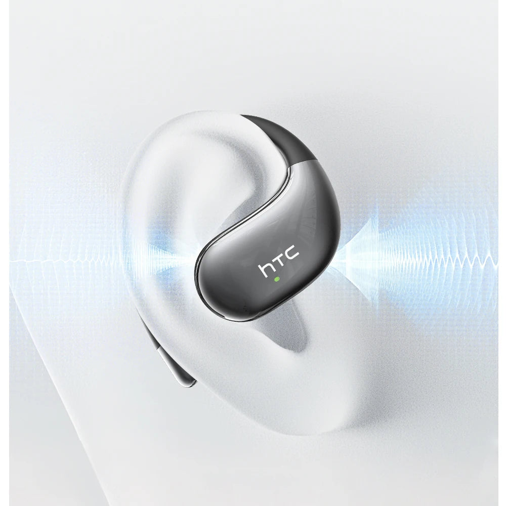 Black sports earbuds with HTC logo, single earbud view