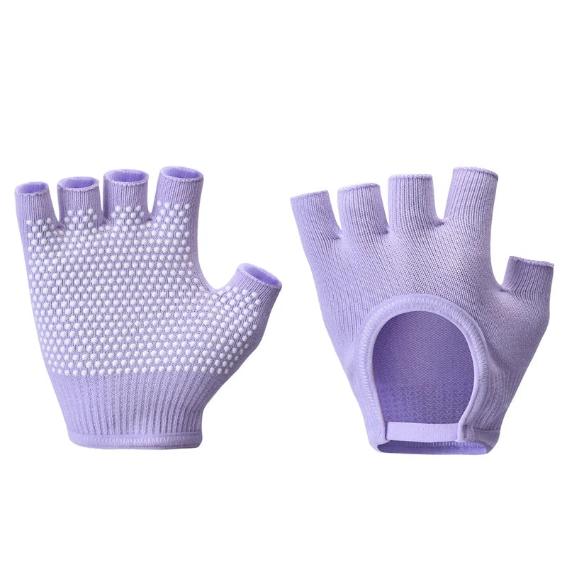 Lavender half-finger yoga gloves with white grip dots and thumb ring