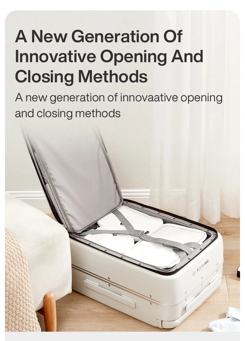 Open white carry-on suitcase with interior compartments and divider panels