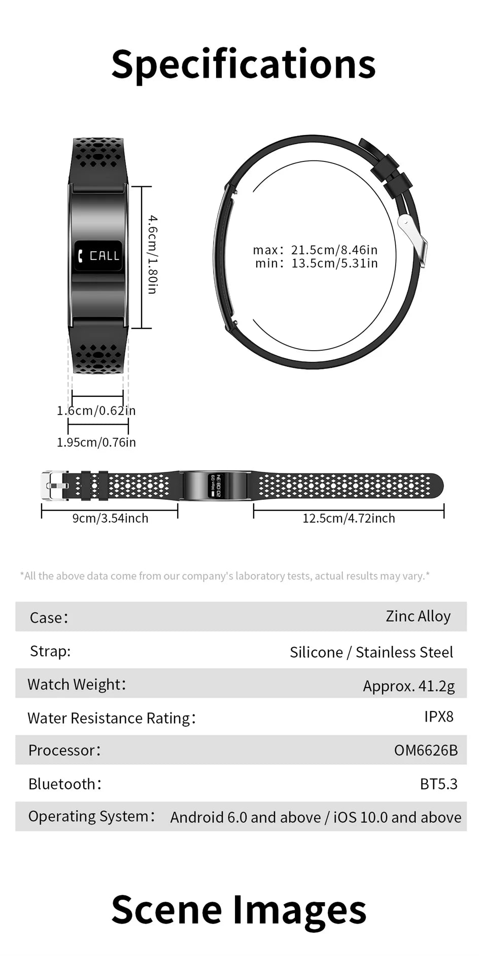 Fitness tracker bracelet with OLED display, shown with mesh strap size diagram