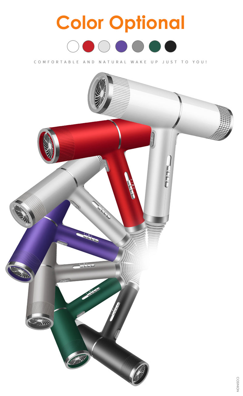 Hair dryer color options: red, purple, green, black, and white units