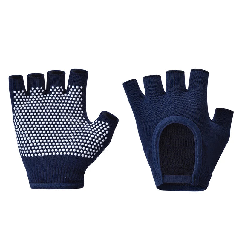 Navy half-finger yoga gloves, white grip dot palm and open knuckle backs