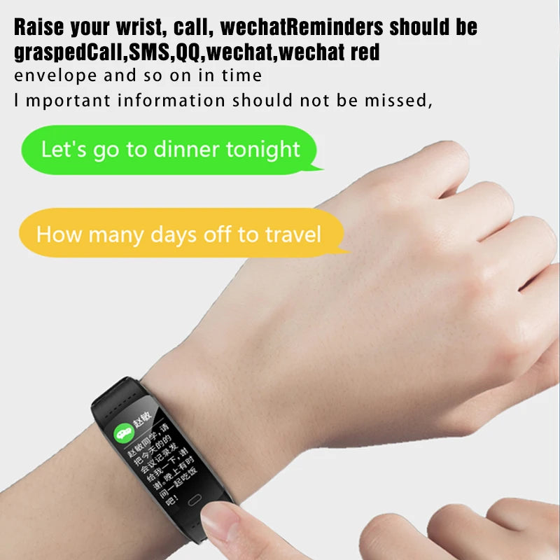 Sport smart watch on wrist with black band and dark display, showing reminder icons
