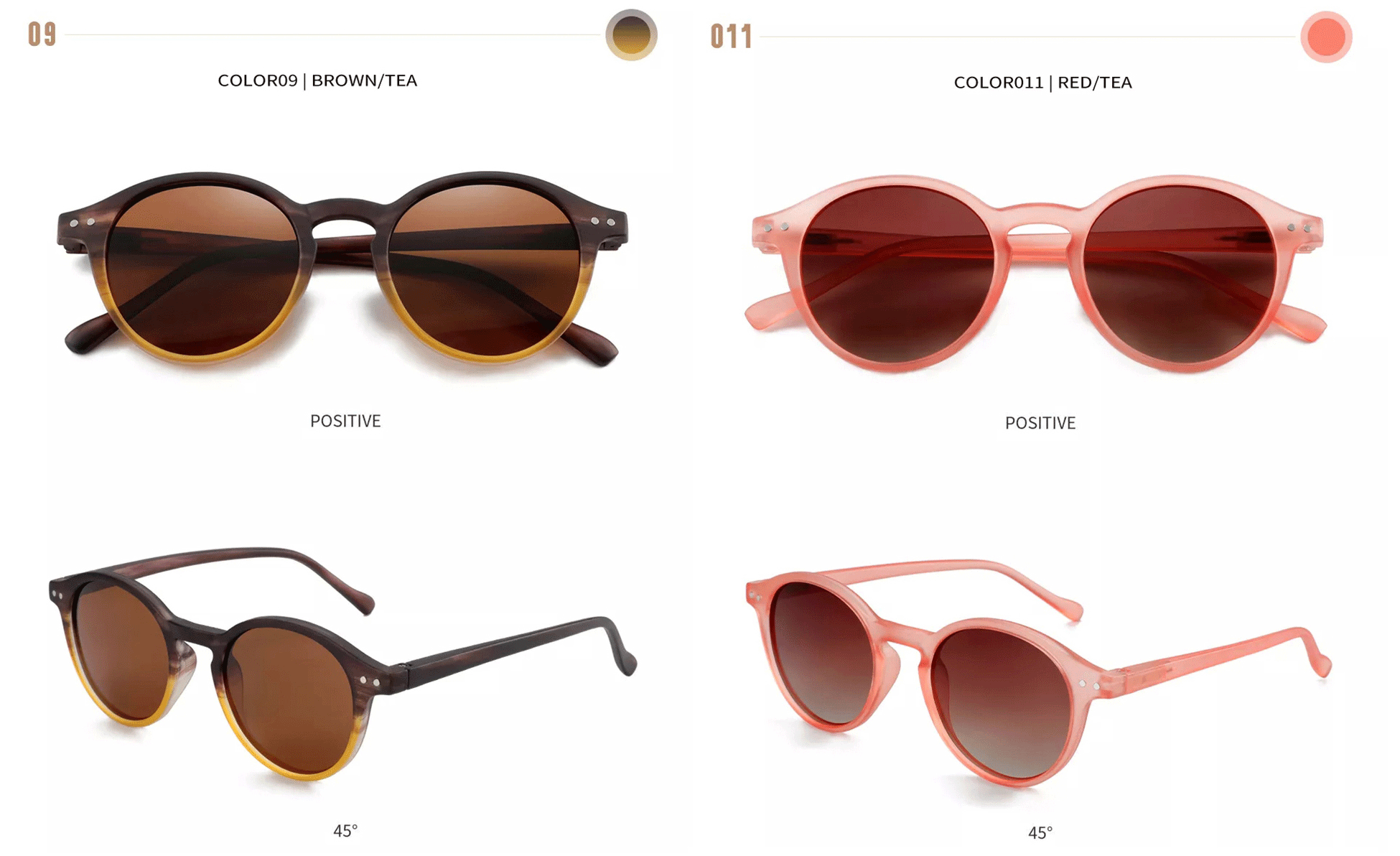 Round sunglasses in brown with tea lenses and red-pink frame with tea lenses.