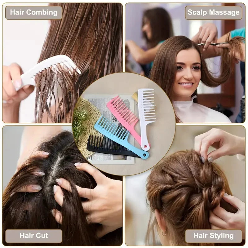 Pink wide-tooth detangling comb shown in hair care collage