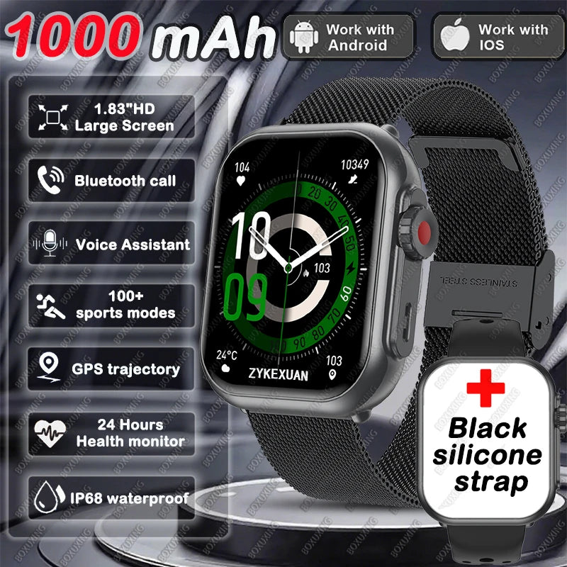 Smart Watch Cedar & Moore with 1.96-inch AMOLED display, Bluetooth calling, health monitoring, black silicone strap