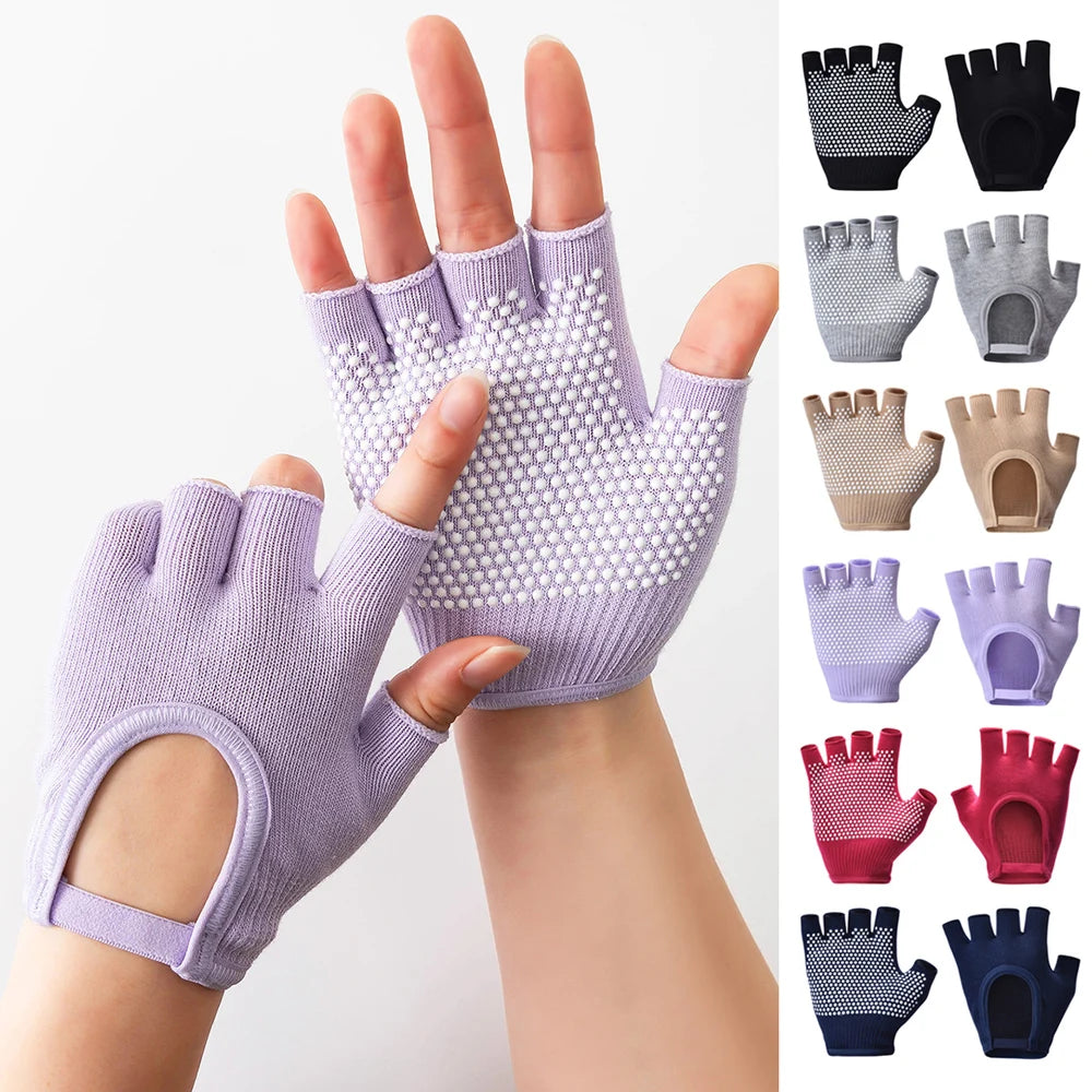 Purple half-finger yoga gloves with white grip dots and ribbed wrist opening
