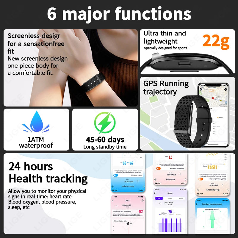 LIGE Smart Bracelet Heart Rate Health Sports Monitoring Wristband - NO Screen Fitness Tracker