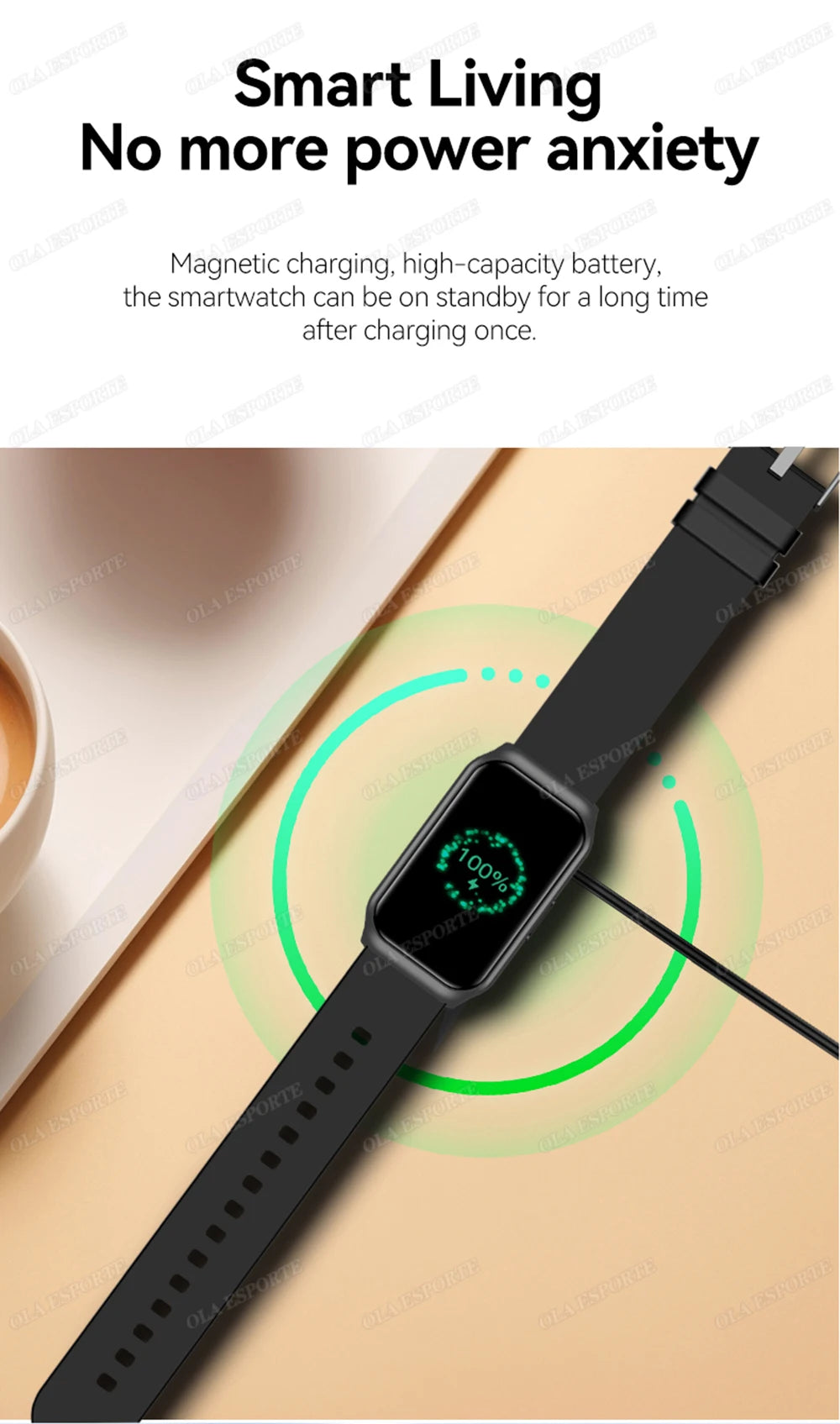Black smart watch with magnetic charging indicator on its screen
