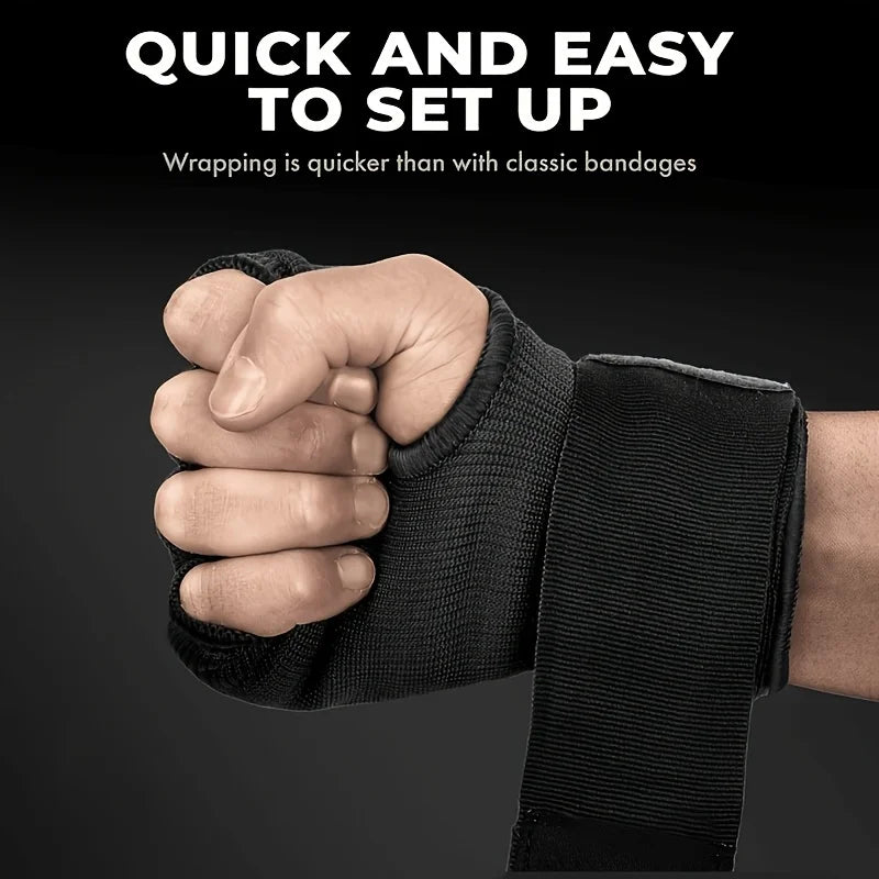 Half-finger boxing gloves with padded knuckles and wide hook-and-loop wrist strap, black