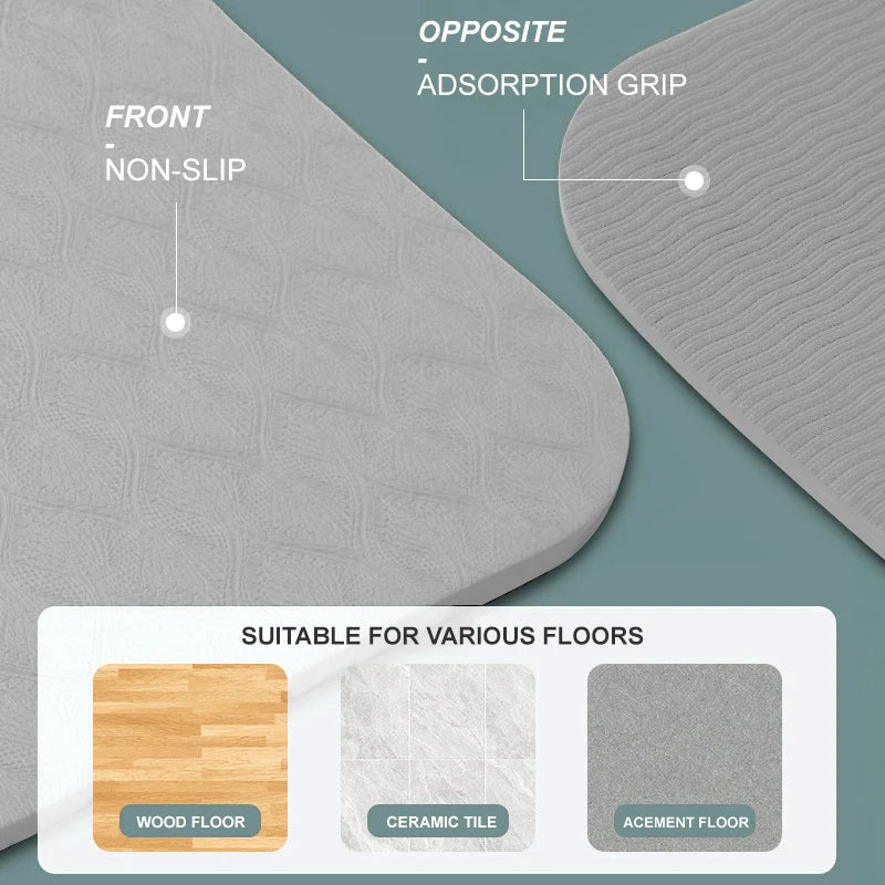Gray non-slip yoga mat corner with front grip texture and textured edges