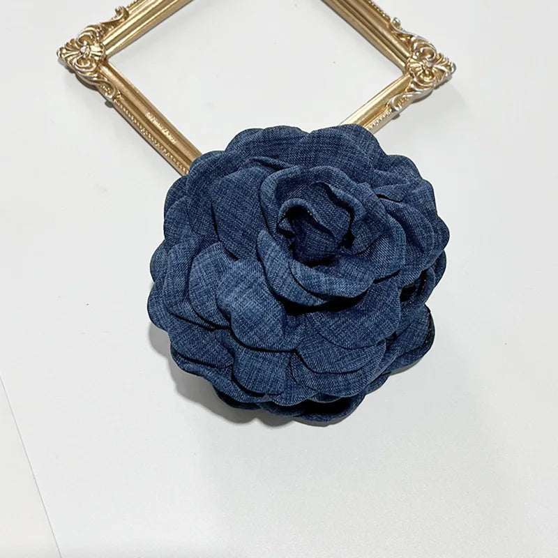 Fabric rose hair claw clip, navy fabric flower with gold claw base