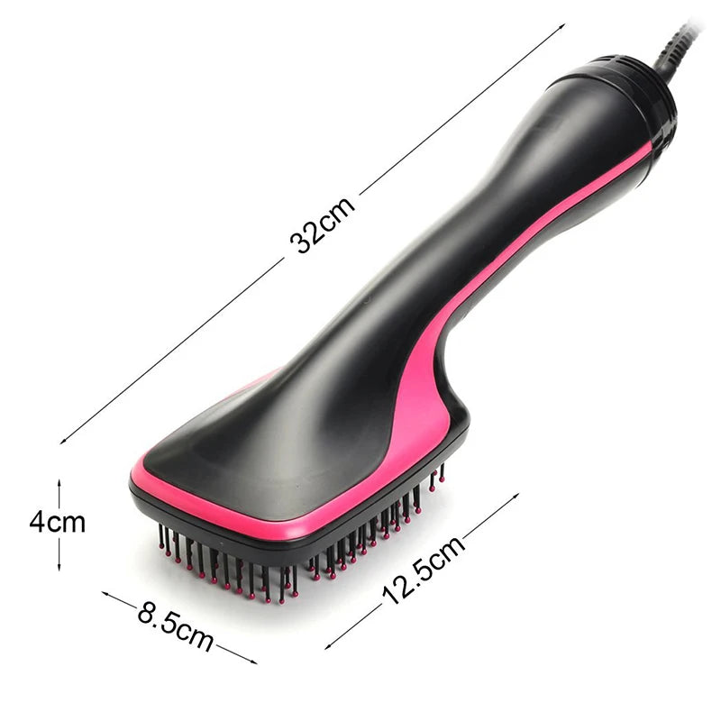 Black hot air brush hair dryer with pink trim along the bristle base, corded