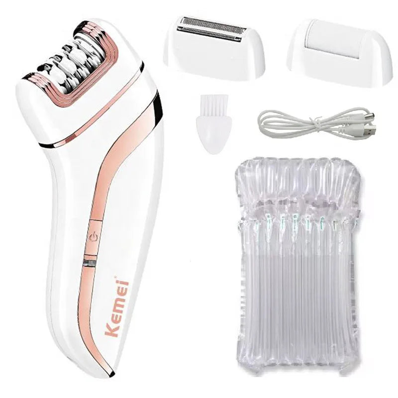 Electric epilator with white body, rose-gold roller head, and extra replacement head set
