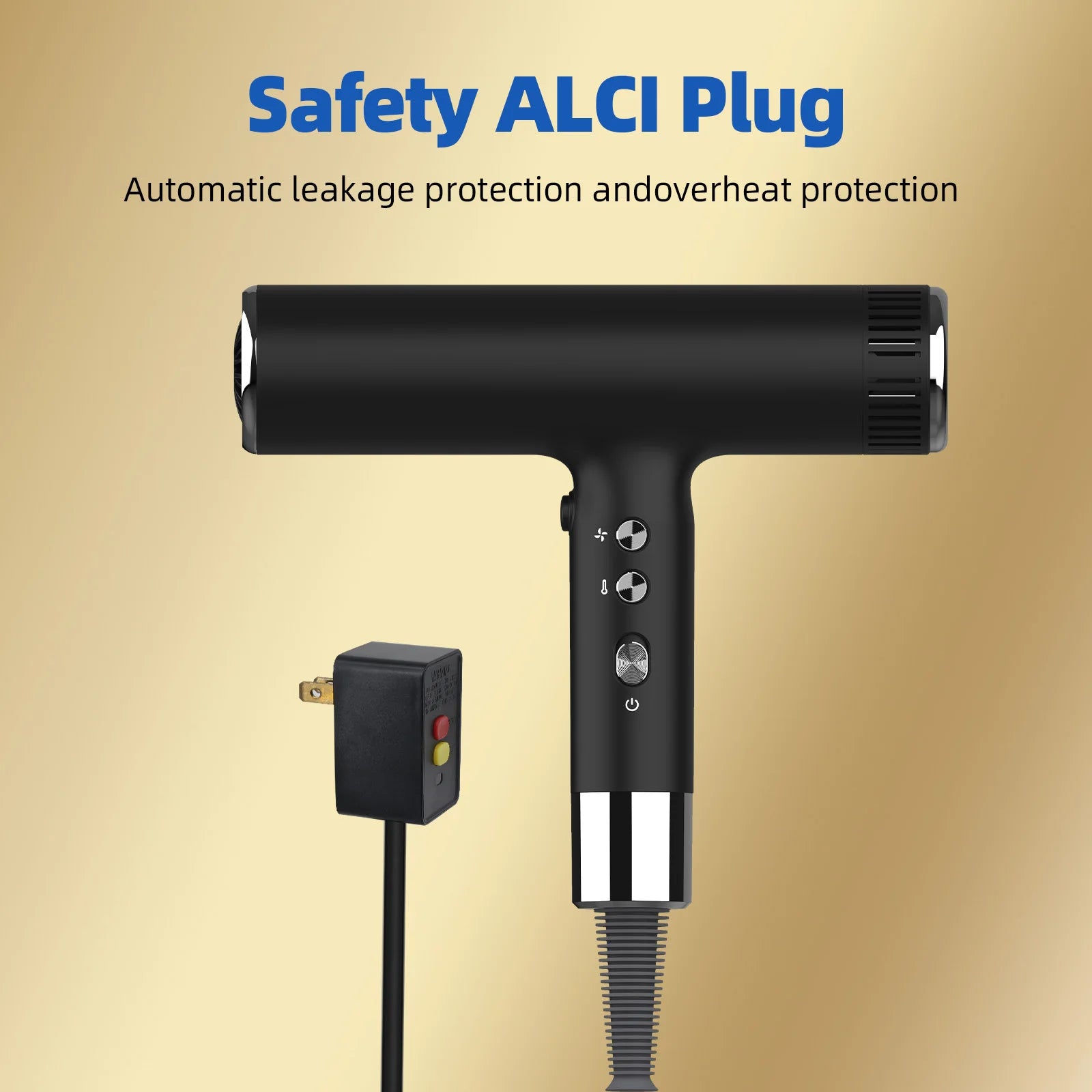 Black professional hair dryer with ALCI safety plug adapter