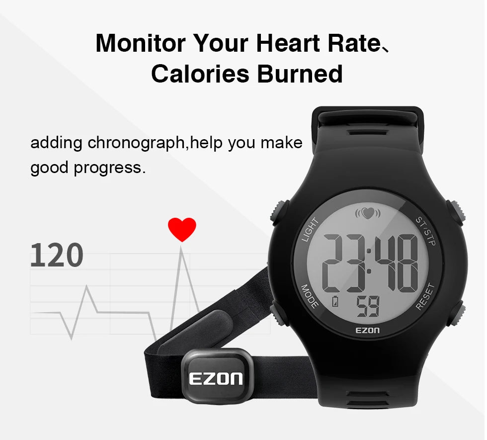 Digital sports heart rate monitor watch with black band and Bluetooth chest strap sensor