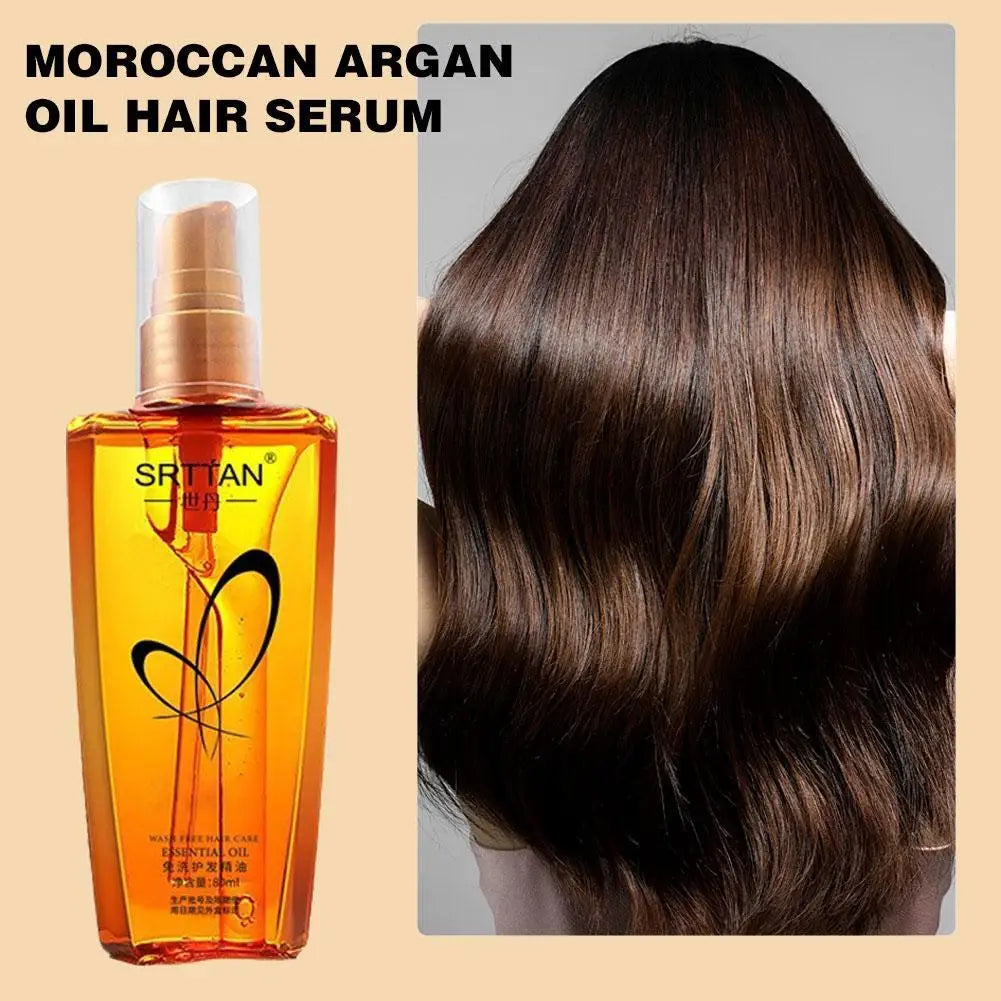 Argan oil hair serum bottle with white pump, amber-gold liquid; SR TIAN label.