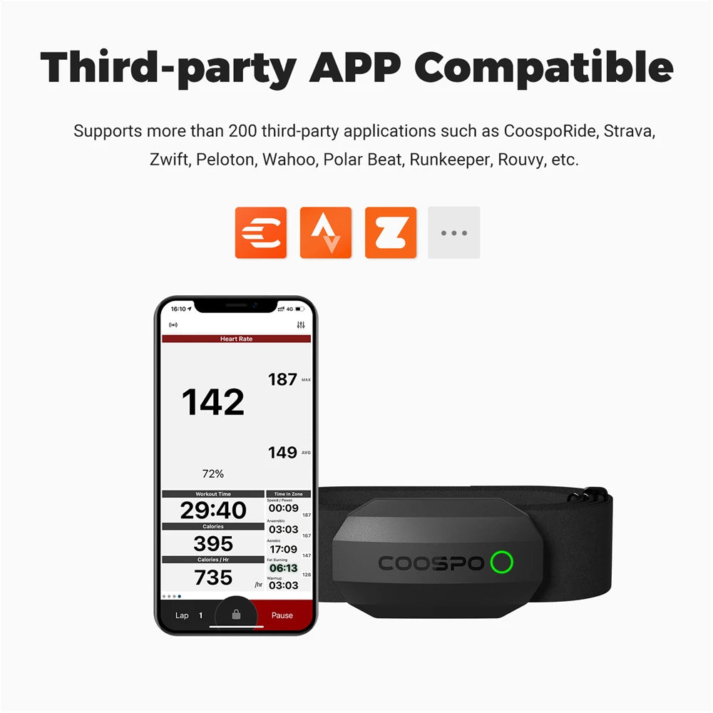 Black chest strap heart rate monitor with gray sensor pod and green indicator