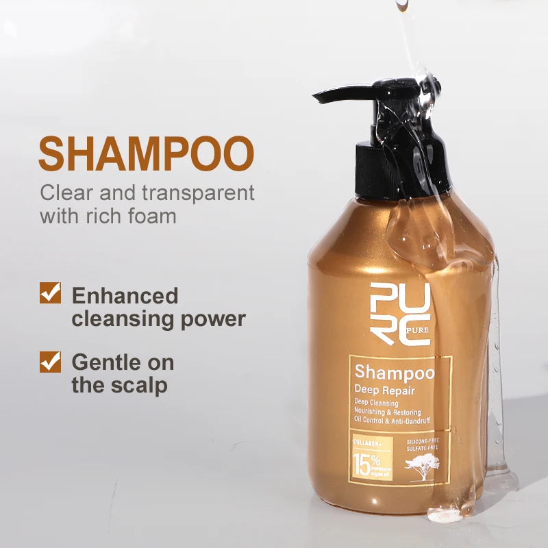 Moroccan argan oil shampoo bottle with black pump and clear amber formula