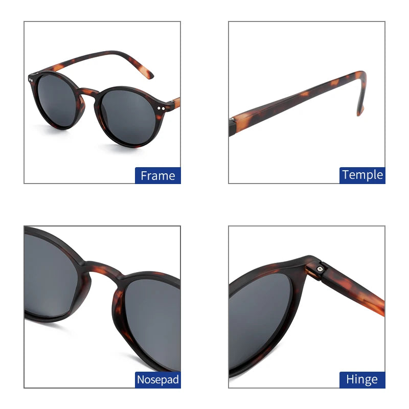 Round sunglasses with tortoiseshell frame, flat nose pads and hinge detail