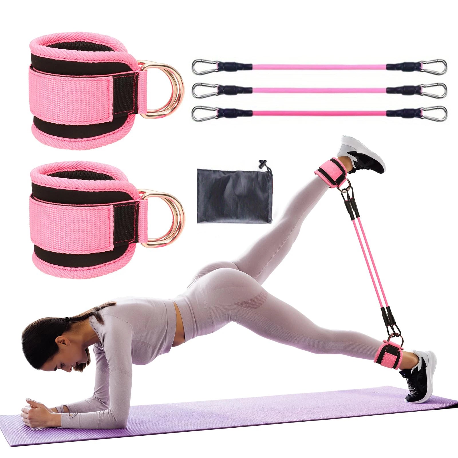 Pink resistance band set with hip trainer, ankle cuffs, carry pouch, and leg use