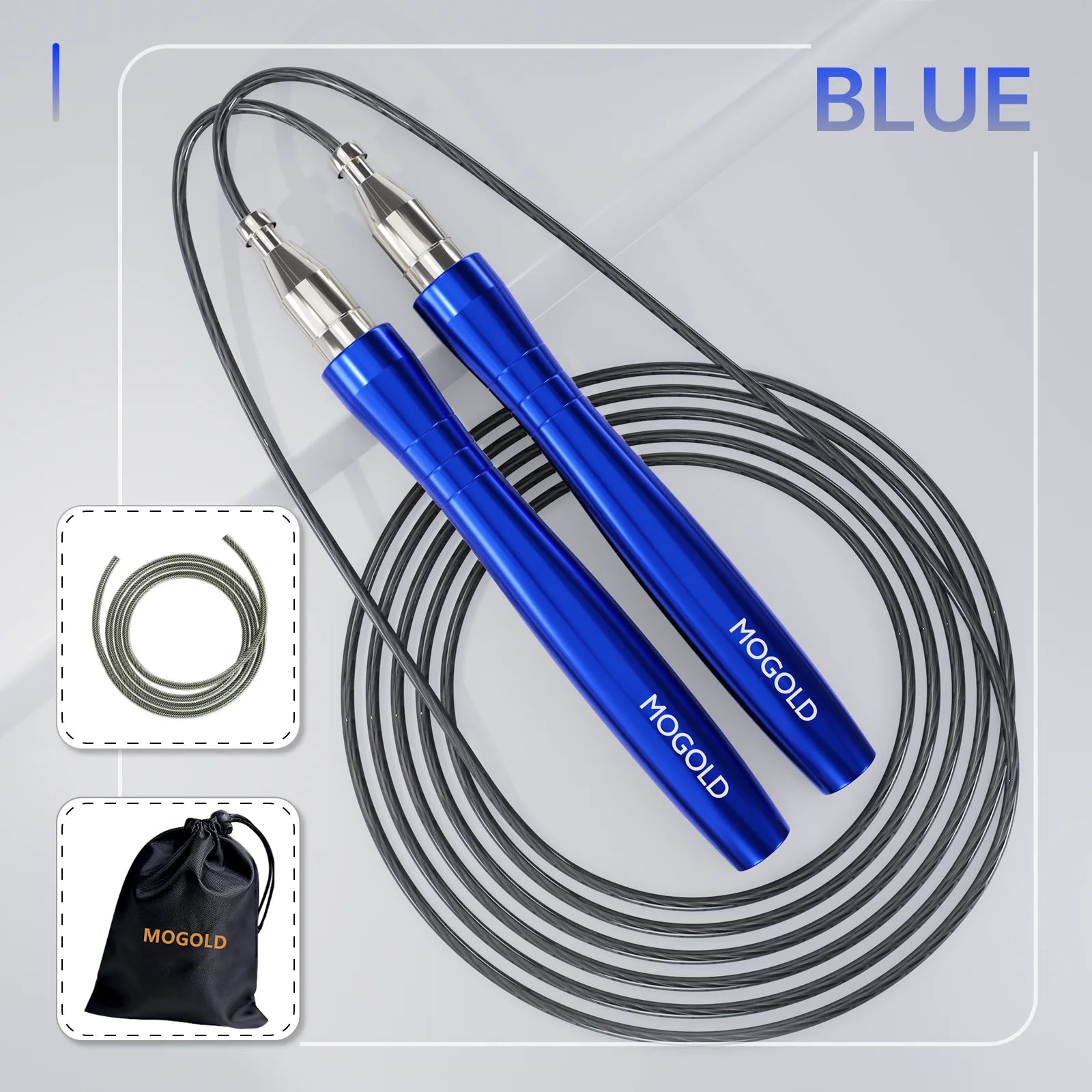 Adjustable speed jump rope with dual ball-bearing handles and coiled steel cable, blue