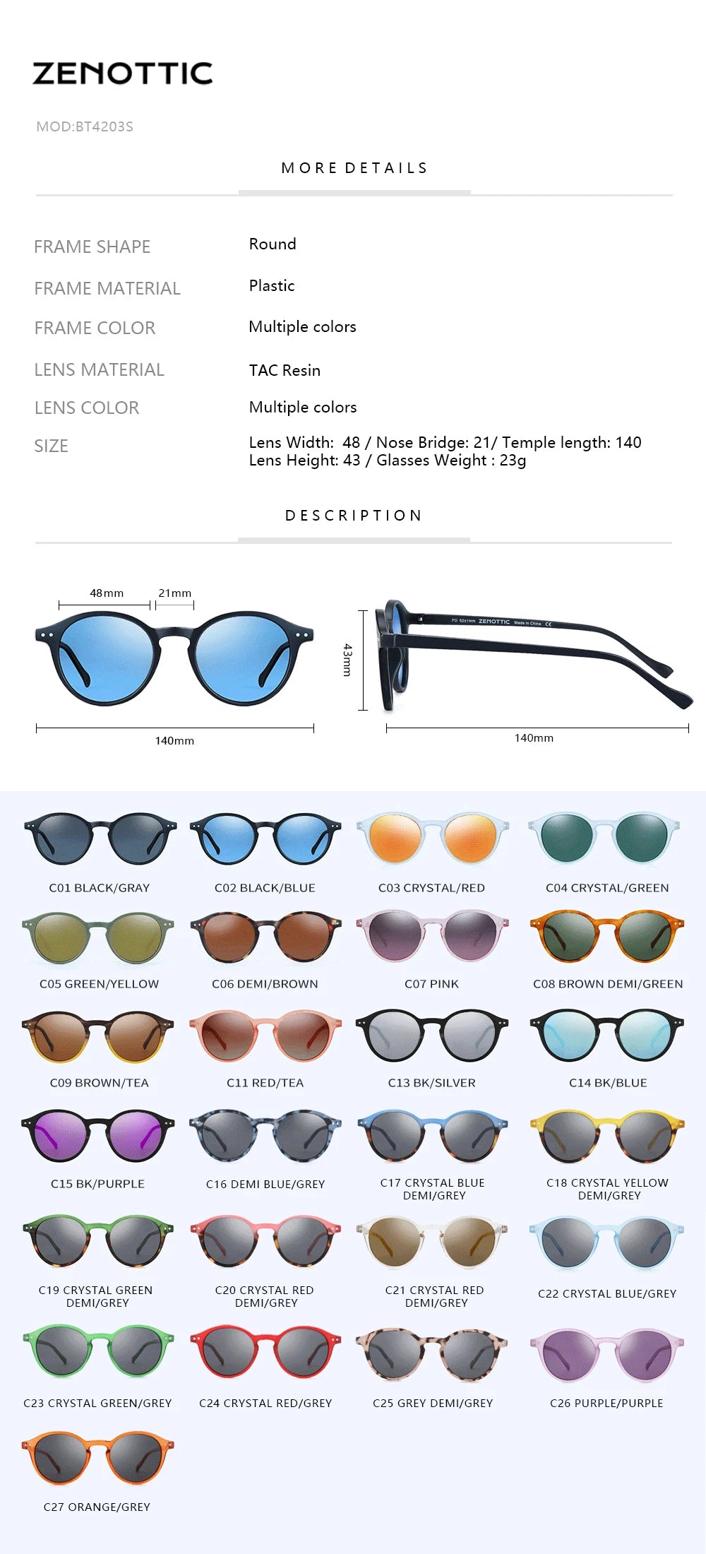 Retro round sunglasses size and lens color guide with measurements and sample frames