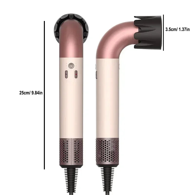 Pink and cream hair dryer with black nozzle attachments, side-by-side height view