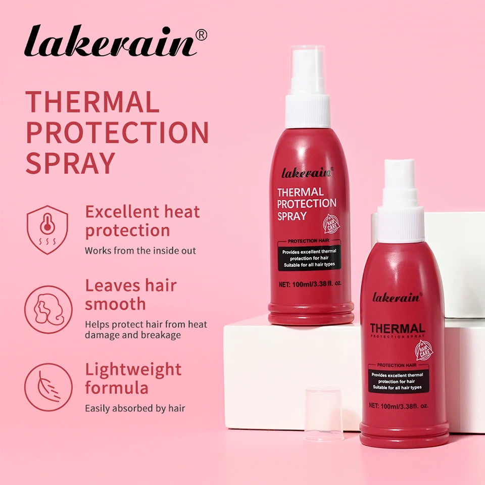 lakerain Thermal Protection Spray bottles, two red 100ml units with white spray tops on pink backdrop