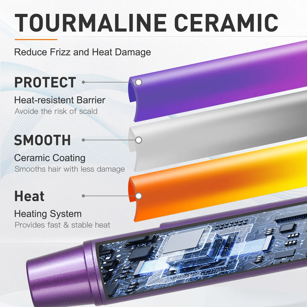Tourmaline ceramic curling iron in purple with heat protection and smooth coating