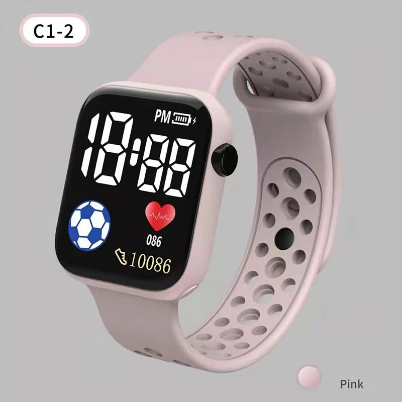 Kids LED digital watch with pink silicone strap and black square display