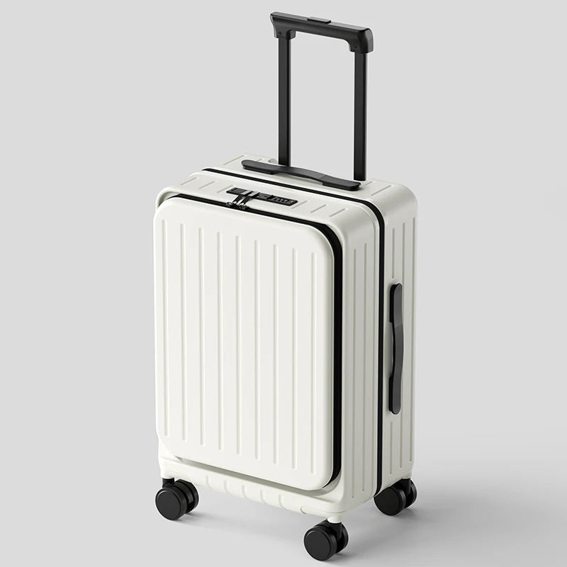 White carry-on suitcase with front pocket, telescoping handle, and four caster wheels