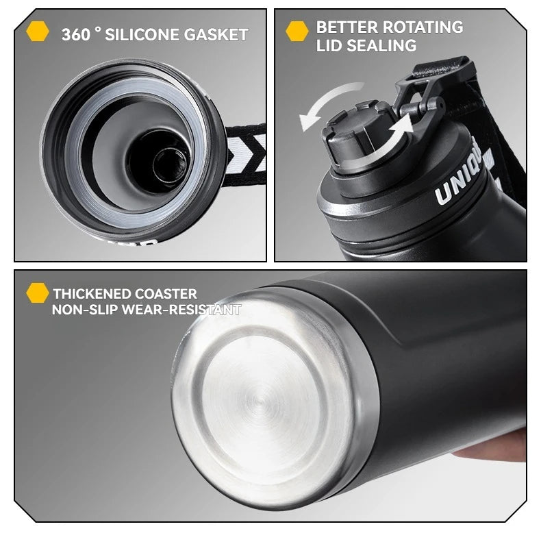 Insulated sports bottle base and open mouth with silicone gasket and rotating lid feature