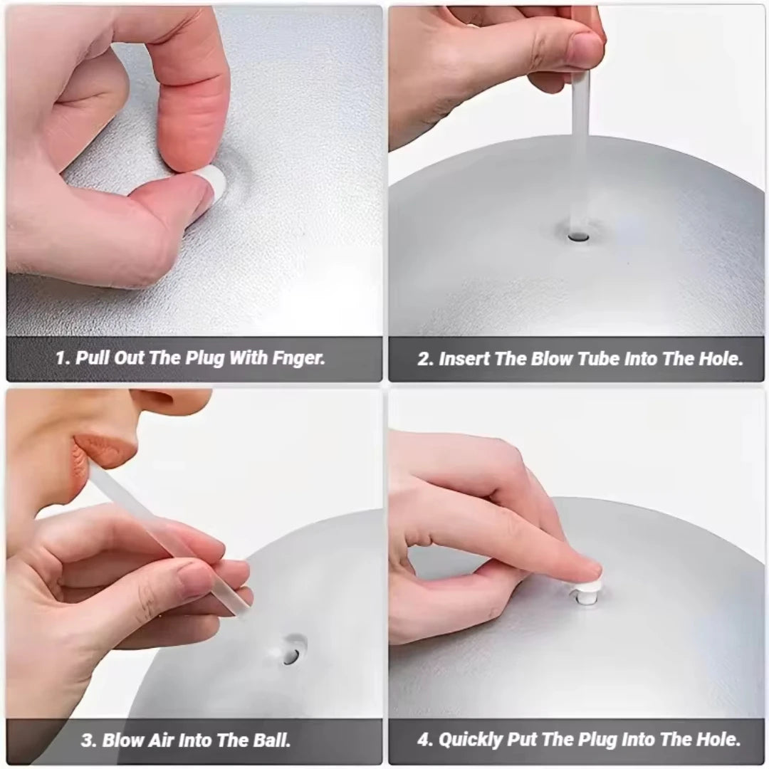 Inflatable yoga ball plug and valve opening, hands close-up