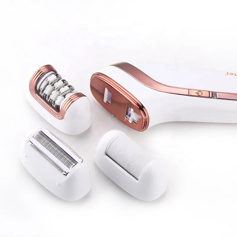 Electric epilator with rose-gold and white design and two shaving/trimming heads