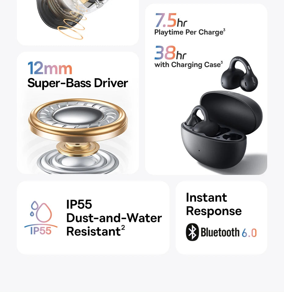 Black open-ear clip earbuds resting in a closed charging case