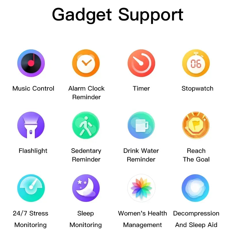 Smart watch app features grid, showing music, alarm, timer, stopwatch, and more.