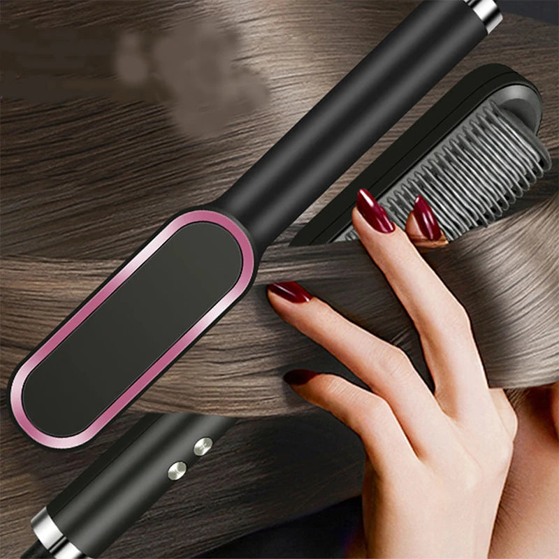 Black hot brush hair straightener comb with purple-edged smoothing plate