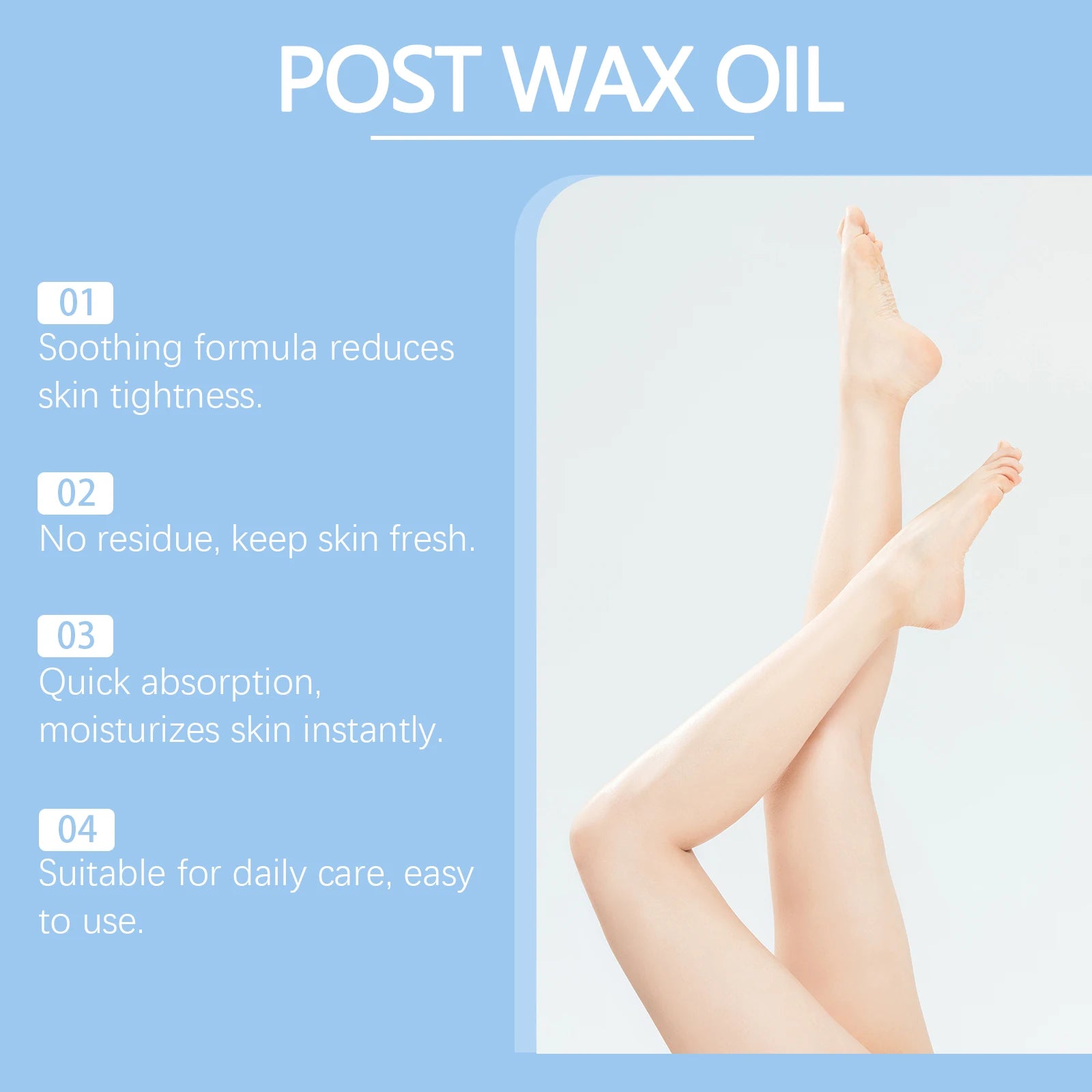 Post-wax oil label graphic with legs shown in a panel