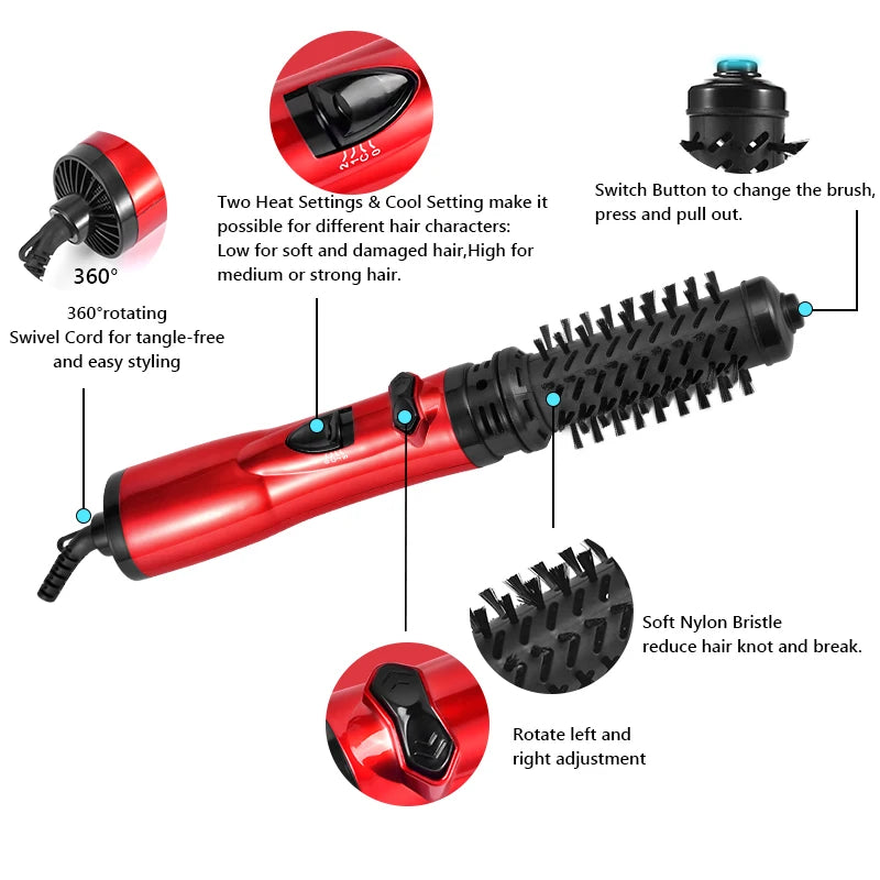 Red rotating hair styling brush with soft nylon bristles and a switch button on handle